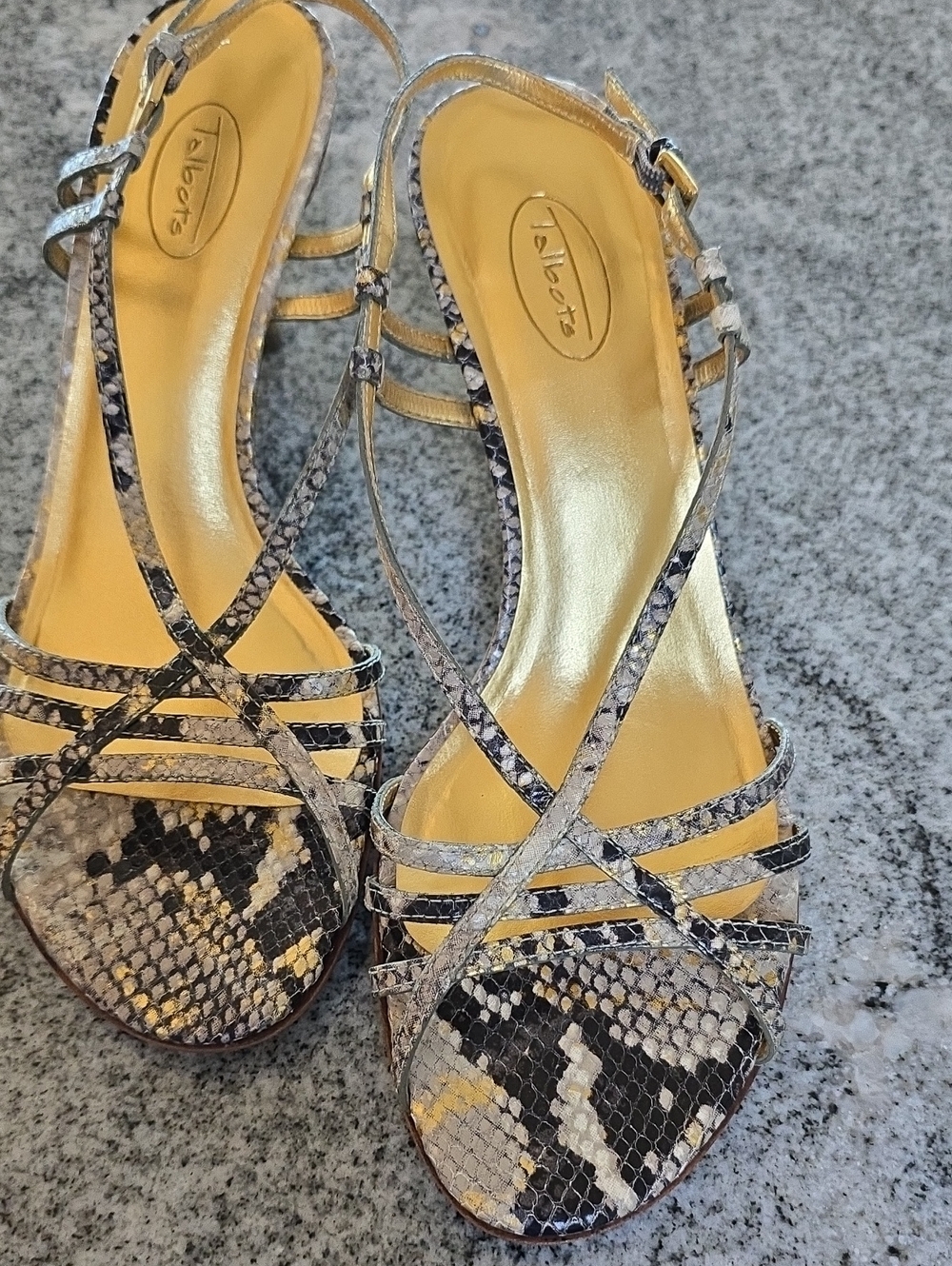 Talbots Snake-Print Strappy Heels in Black and Cream
